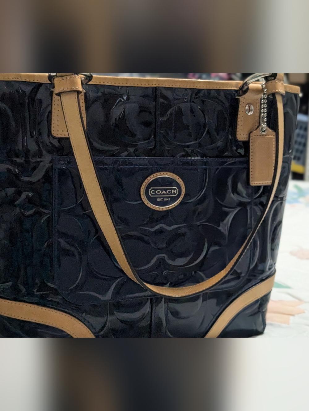 Coach Peyton Embossed Navy Blue  Patent Leather Tote-5
